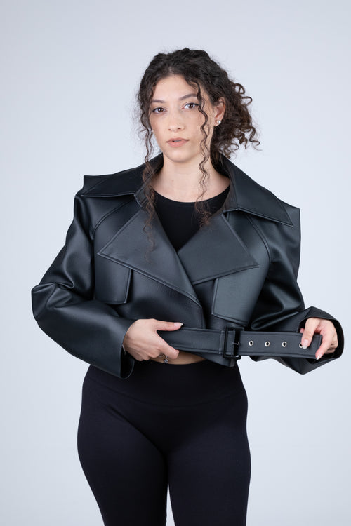 Blusão Biker Curto Oversize Efeito Pele